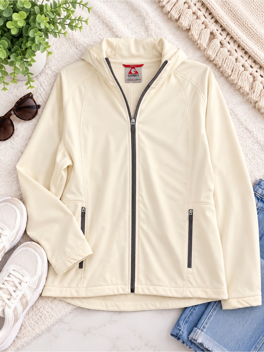 Gerry Weber Cream Hooded Soft Shell Utility Jacket with Contrast Zippers